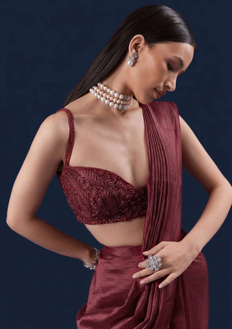 Deep Wine Chinon Handwork Pre Draped Saree Set - Indya