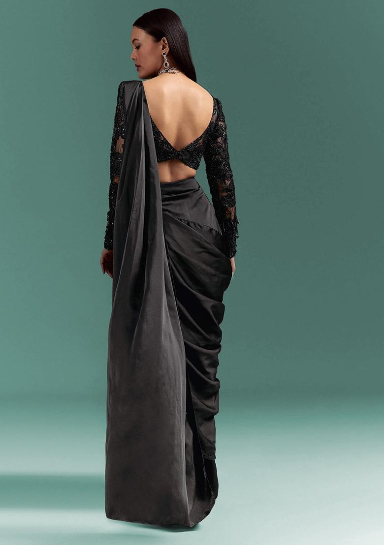 Black Satin Handwork Pre Draped Saree Set - Indya
