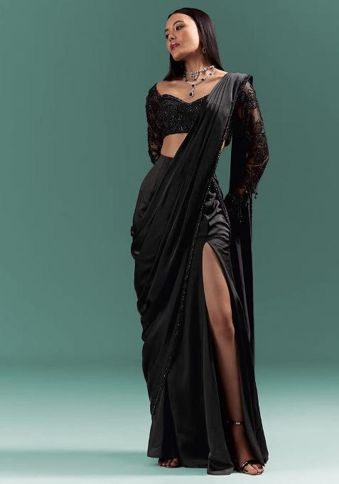 Black Satin Handwork Pre Draped Saree Set