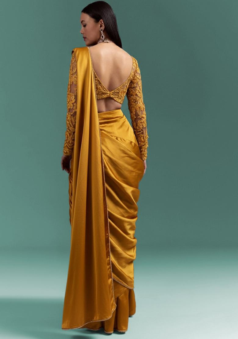 Mustard Satin Handwork Pre Draped Saree Set - Indya