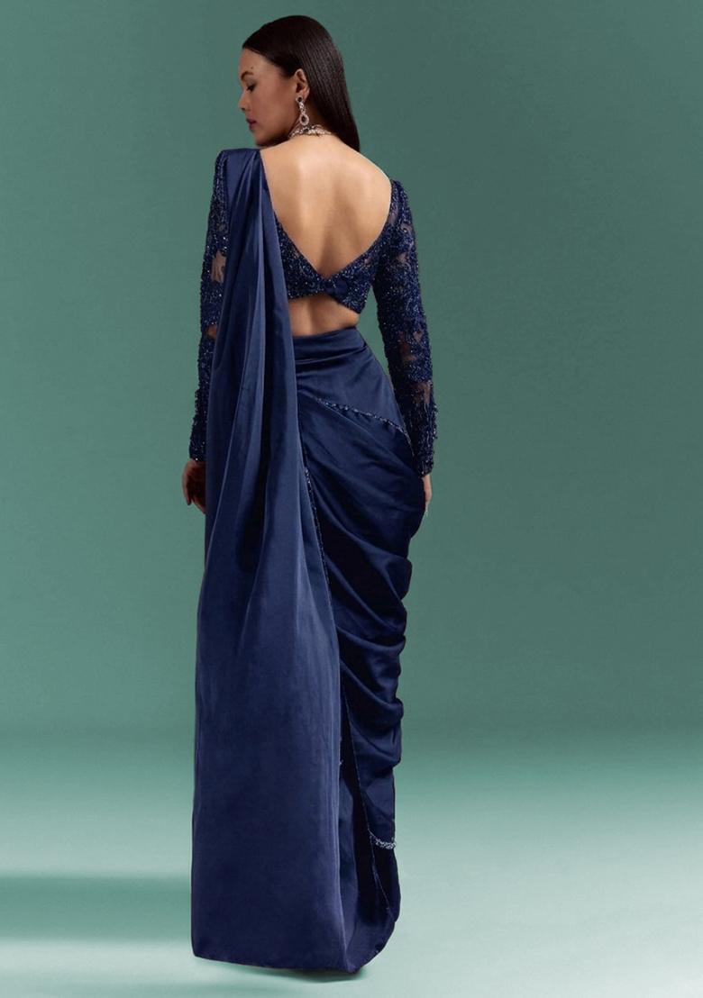 Navy Blue Satin Handwork Pre Draped Saree Set - Indya
