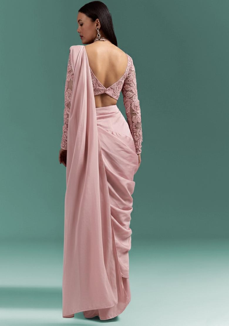 Baby Pink Satin Handwork Pre Draped Saree Set - Indya