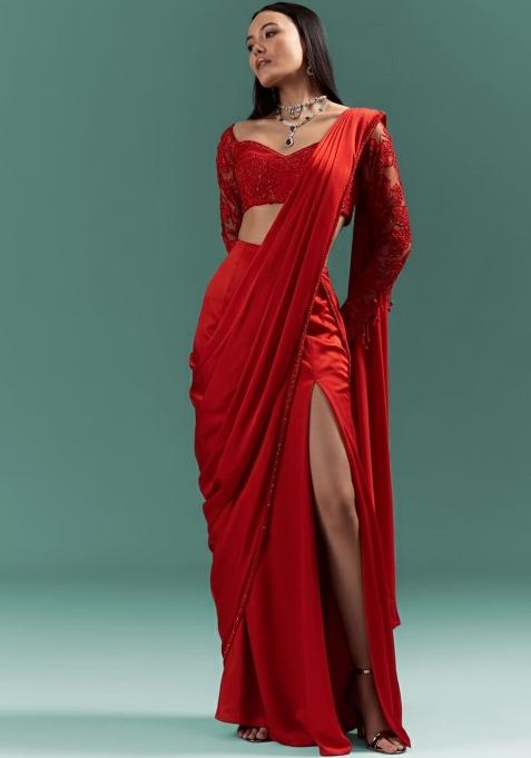 Red Satin Handwork Pre Draped Saree Set