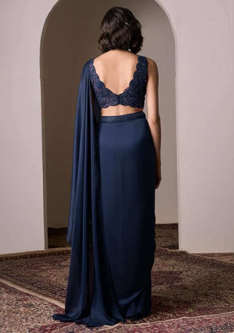 Navy Blue Satin Handwork Pre Draped Saree Set - Indya