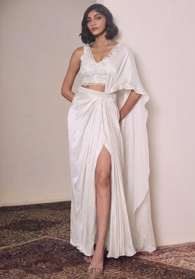Ivory Satin Handwork Pre Draped Saree Set