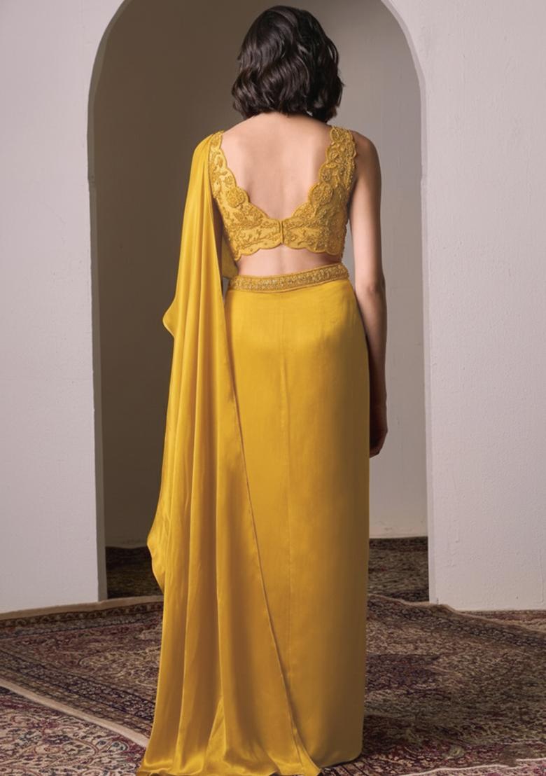 Yellow Satin Handwork Pre Draped Saree Set - Indya