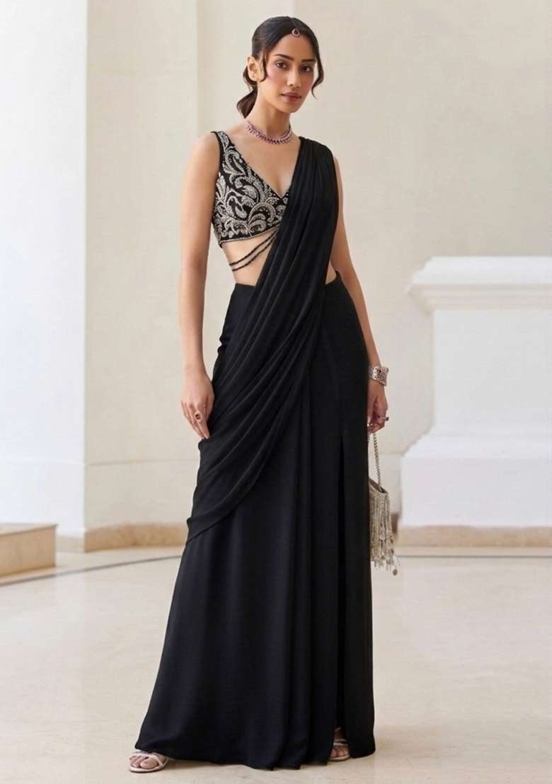 Black Georgette Handwork Pre Draped Saree Set - Indya
