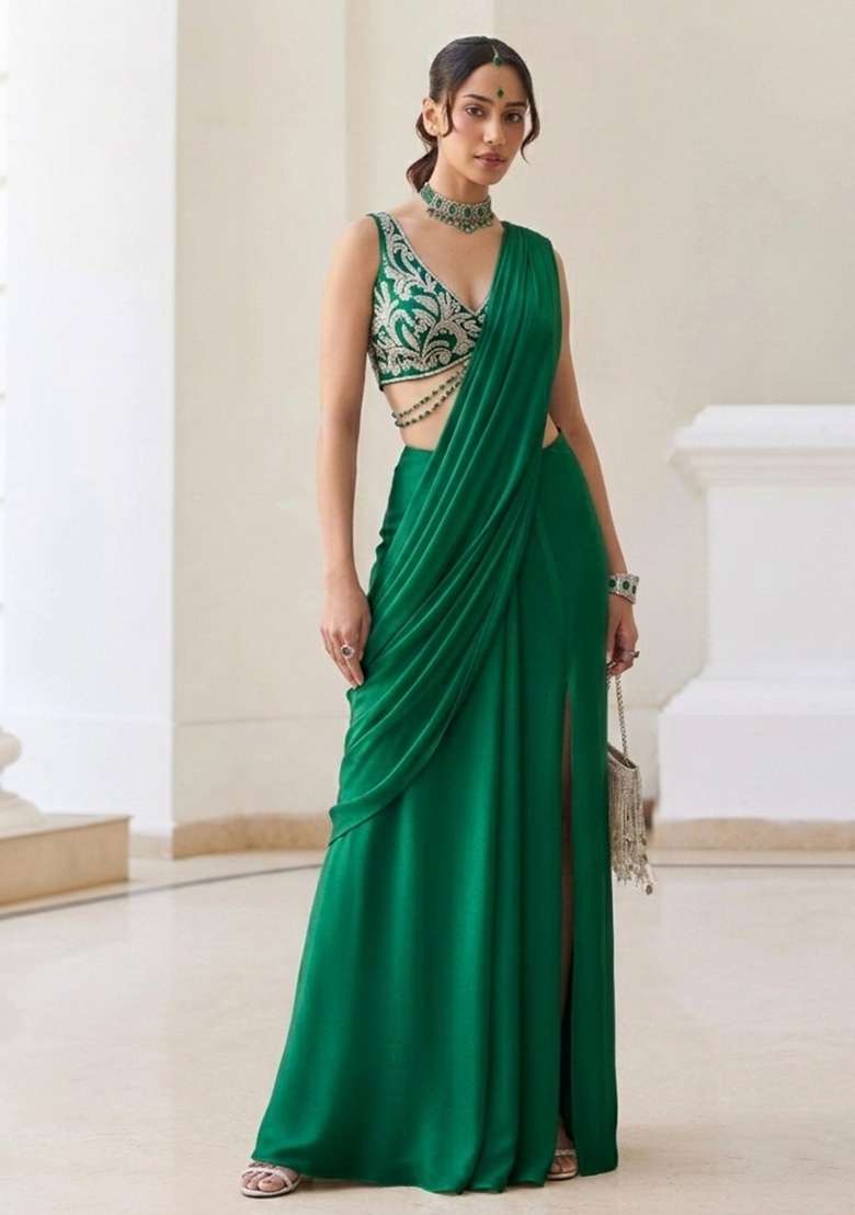 Bottle Green Georgette Handwork Pre Draped Saree Set - Indya