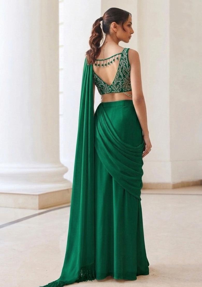 Bottle Green Georgette Handwork Pre Draped Saree Set - Indya