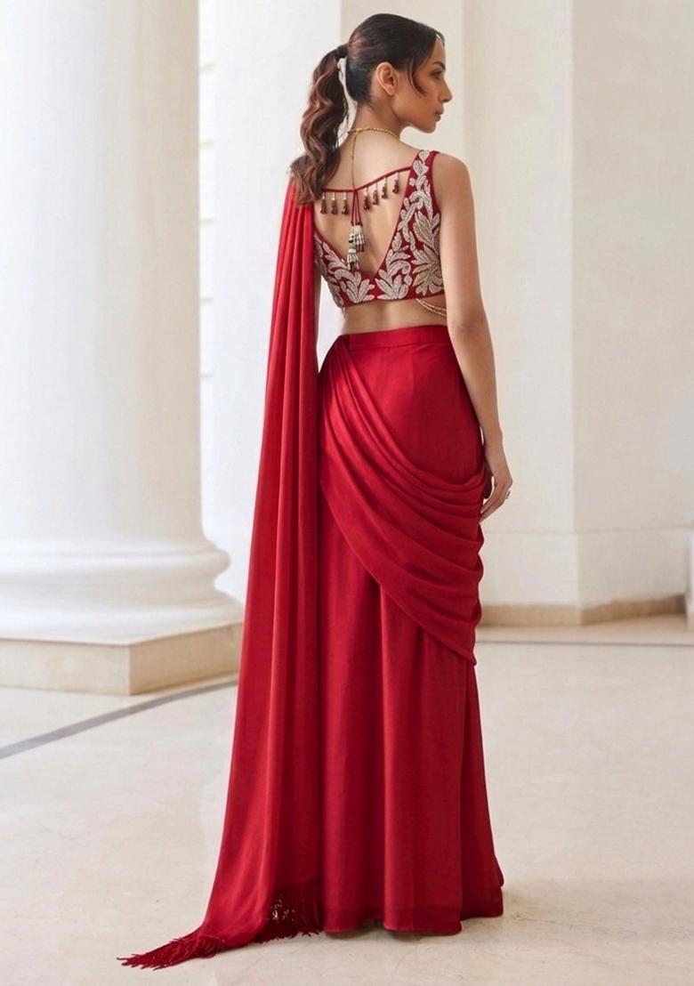 Rani Pink Georgette Handwork Pre Draped Saree Set - Indya