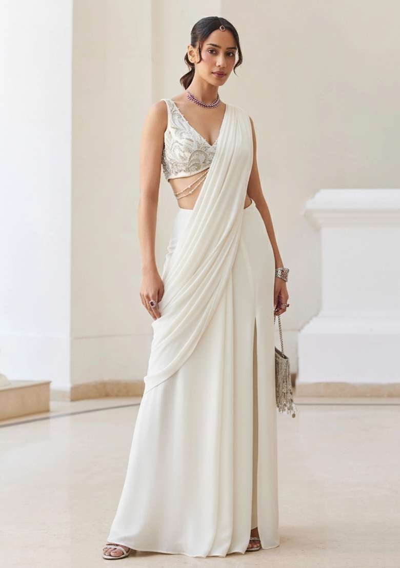 White Georgette Handwork Pre Draped Saree Set - Indya
