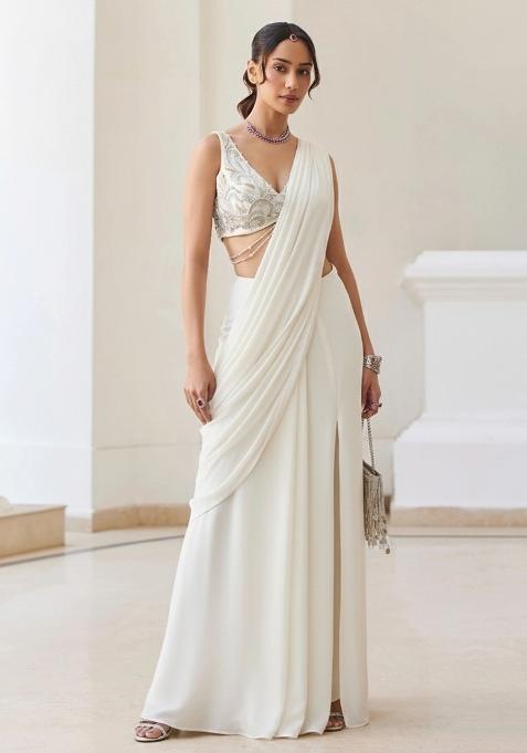 White Georgette Handwork Pre Draped Saree Set — view on Indya