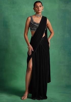 Black Georgette Handwork Pre Draped Saree Set