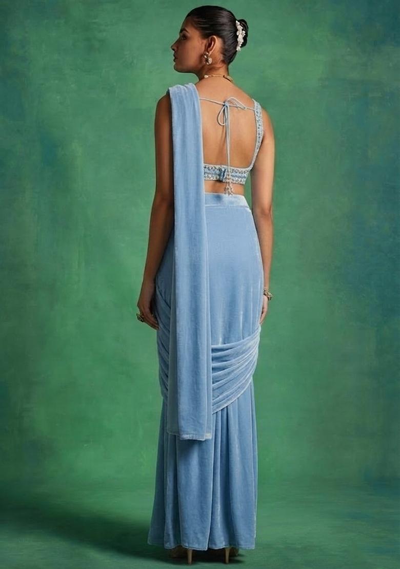 Powder Blue Velvet Handwork Pre Draped Saree Set - Indya