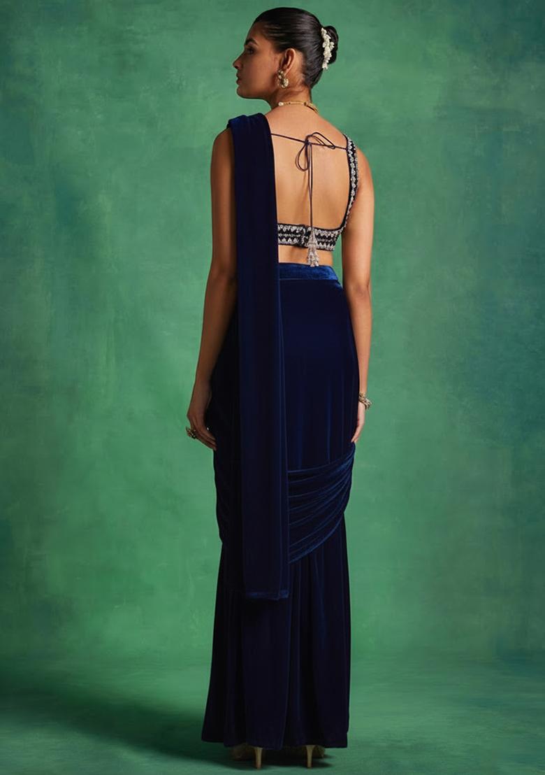 Navy Blue Velvet Handwork Pre Draped Saree Set - Indya