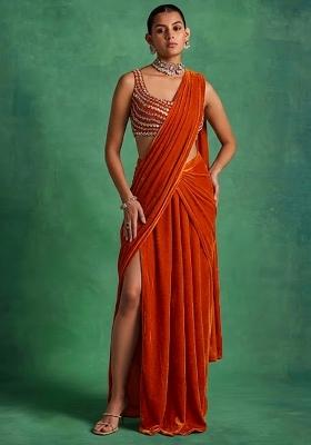 Rust Velvet Handwork Pre Draped Saree Set
