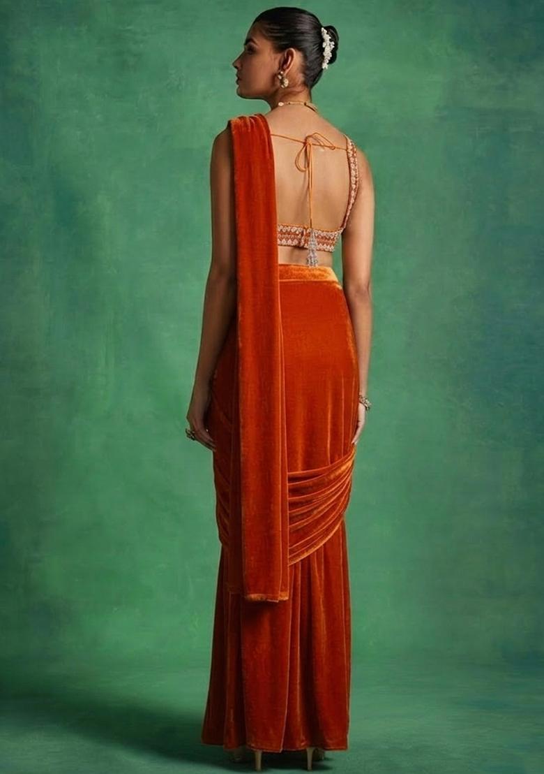Rust Velvet Handwork Pre Draped Saree Set - Indya