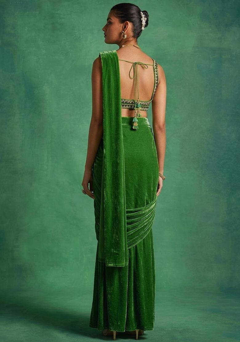 Green Velvet Handwork Pre Draped Saree Set - Indya