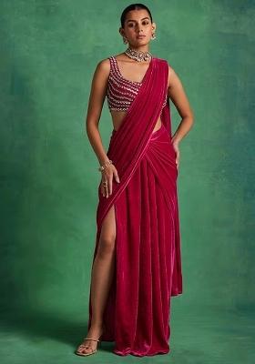 Rani Pink Velvet Handwork Pre Draped Saree Set