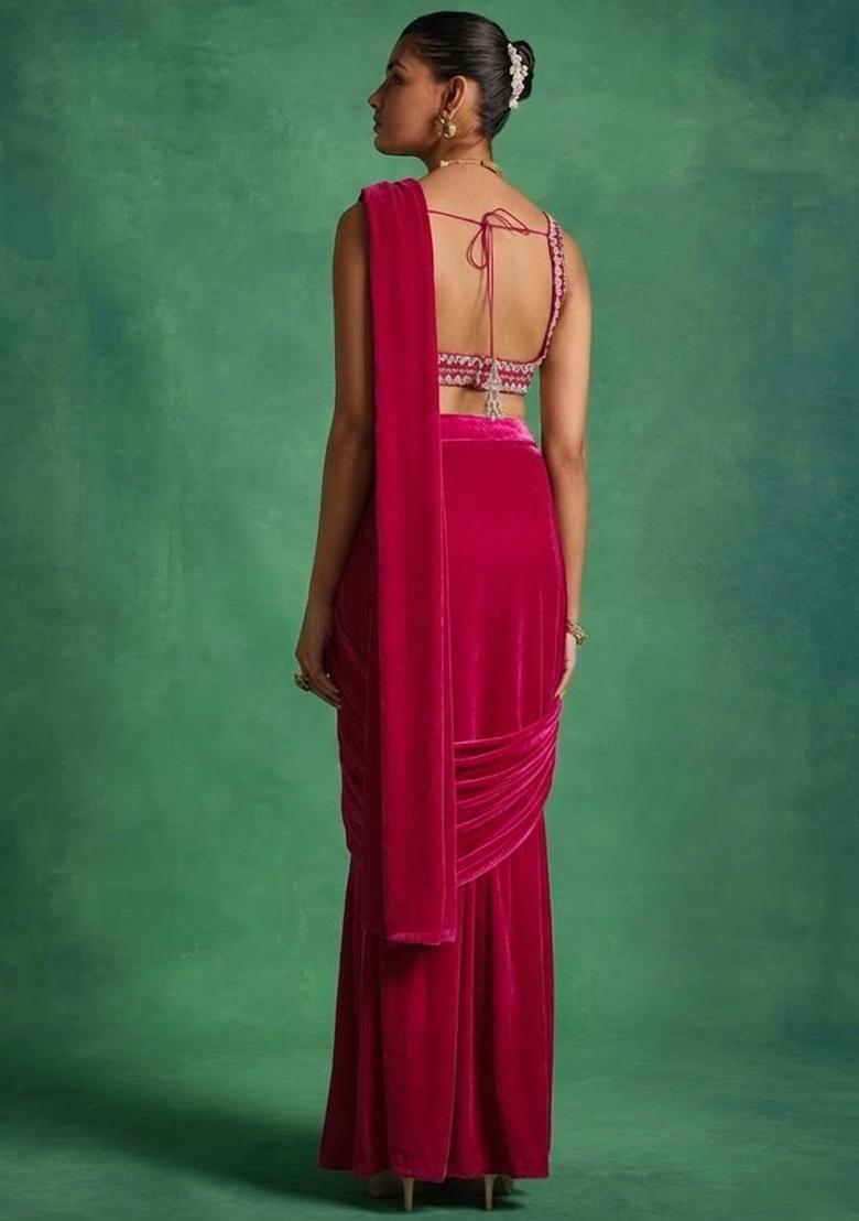 Rani Pink Velvet Handwork Pre Draped Saree Set - Indya