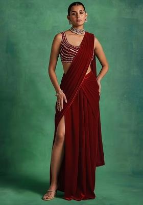 Deep Red Velvet Handwork Pre Draped Saree Set