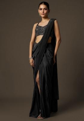 Black Crepe Handwork Pre Draped Saree Set