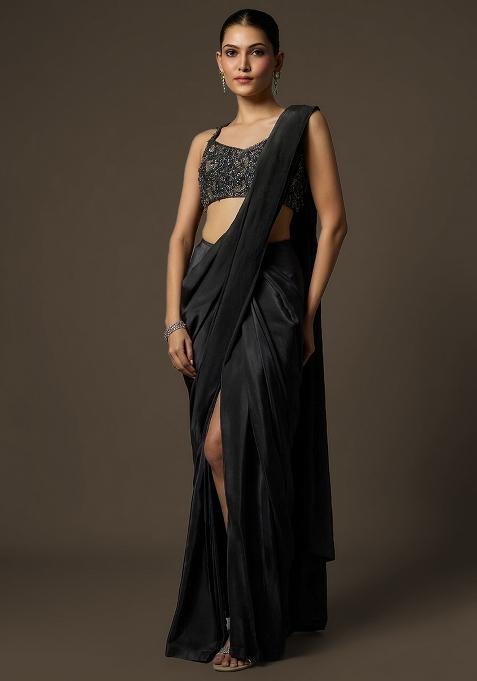 Black Crepe Handwork Pre Draped Saree Set
