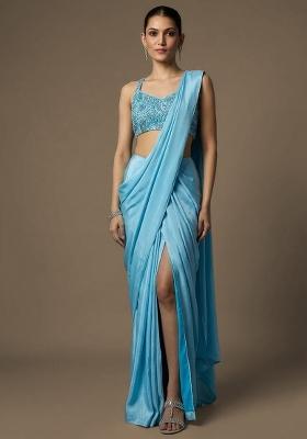 Soft Blue Crepe Handwork Pre Draped Saree Set