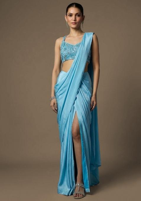 Soft Blue Crepe Handwork Pre Draped Saree Set — view on Indya