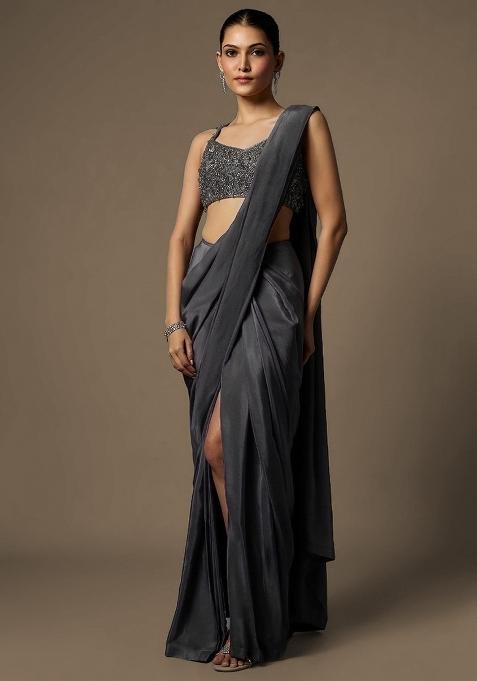 Charcoal Grey Crepe Handwork Pre Draped Saree Set — view on Indya