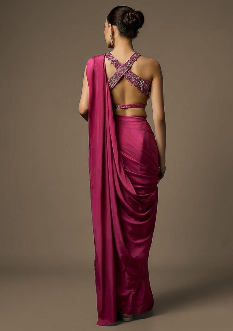 Pink Crepe Handwork Pre Draped Saree Set - Indya