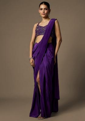 Royal Purple Crepe Handwork Pre Draped Saree Set