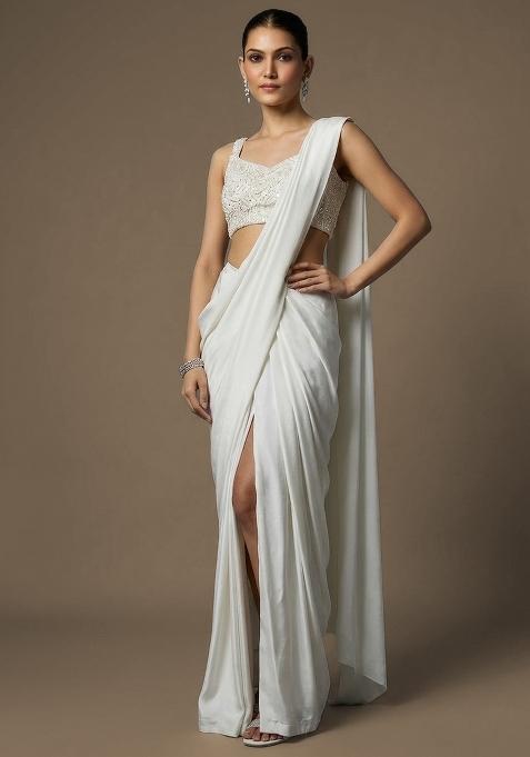 Ivory Crepe Handwork Pre Draped Saree Set