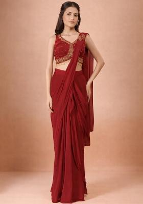 Maroon Crepe Handwork Pre Draped Saree Set