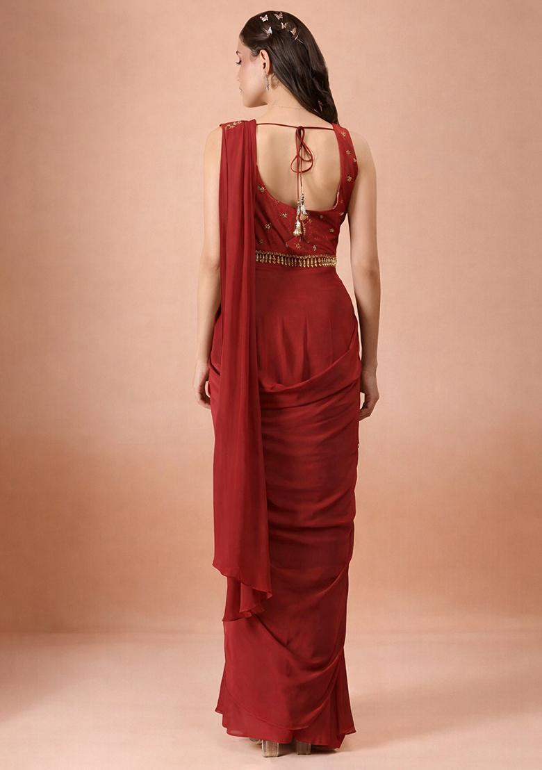 Maroon Crepe Handwork Pre Draped Saree Set - Indya