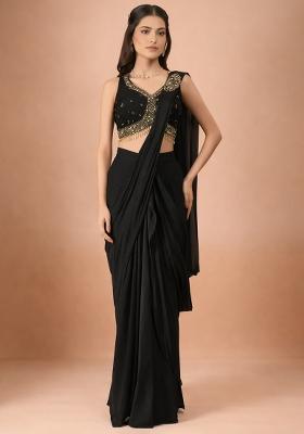 Black Crepe Handwork Pre Draped Saree Set
