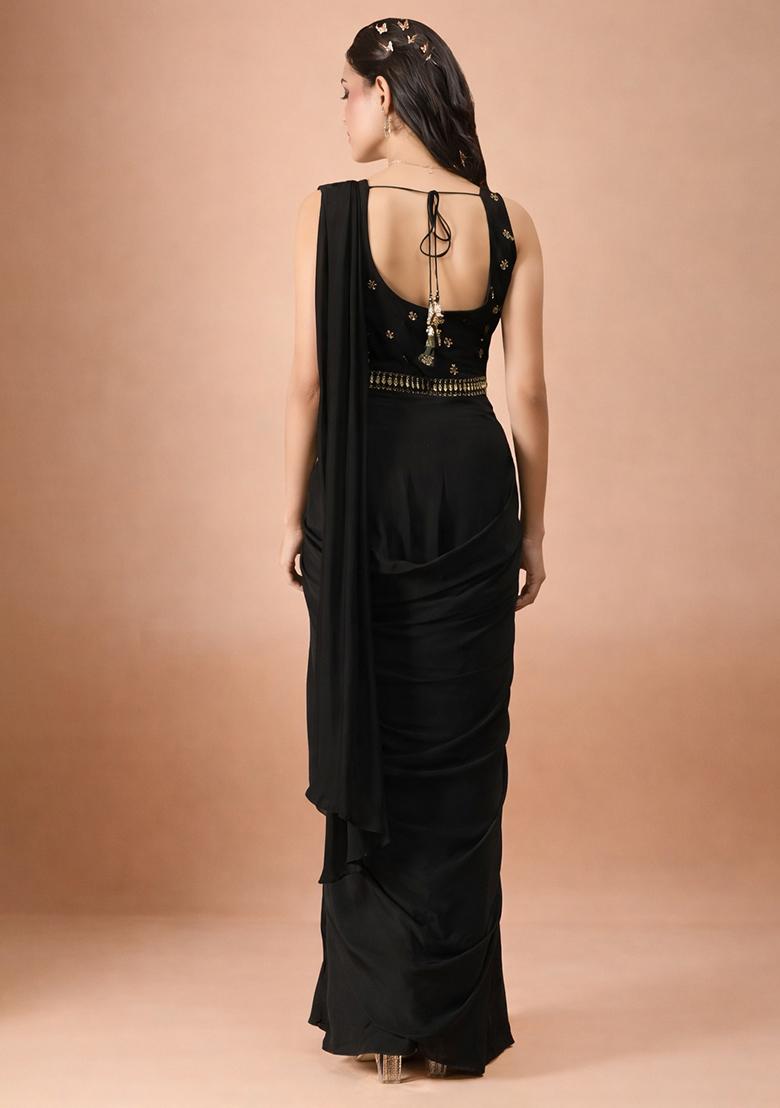 Black Crepe Handwork Pre Draped Saree Set - Indya