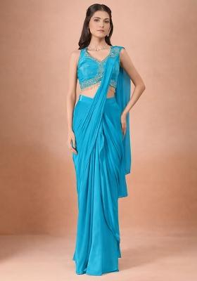 Aqua Blue Crepe Handwork Pre Draped Saree Set