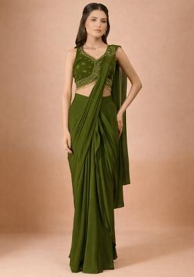 Olive Green Crepe Handwork Pre Draped Saree Set