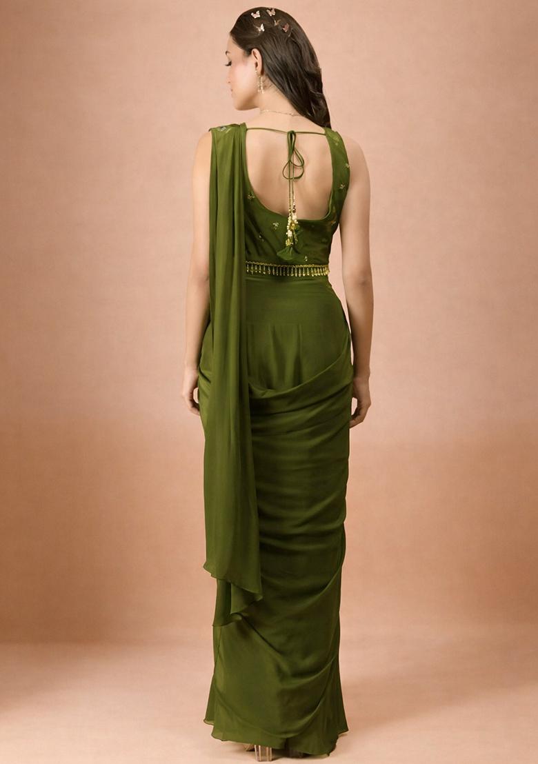 Olive Green Crepe Handwork Pre Draped Saree Set - Indya