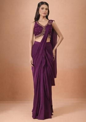 Deep Purple Crepe Handwork Pre Draped Saree Set