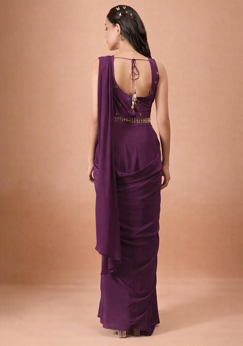 Deep Purple Crepe Handwork Pre Draped Saree Set - Indya