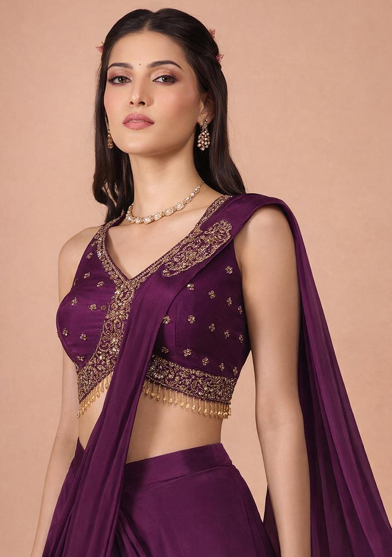 Deep Purple Crepe Handwork Pre Draped Saree Set - Indya