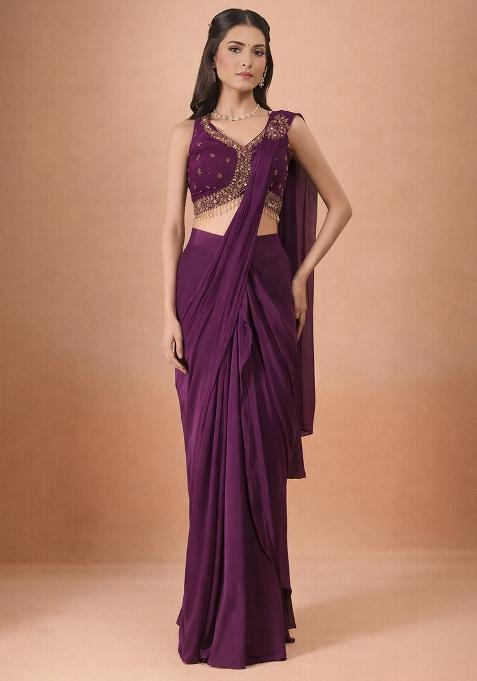 Deep Purple Crepe Handwork Pre Draped Saree Set