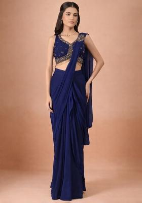 Navy Blue Crepe Handwork Pre Draped Saree Set