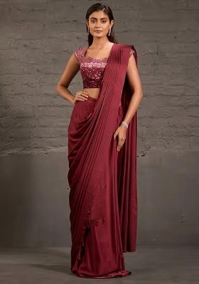 Burgundy Crepe Handwork Pre Draped Saree Set