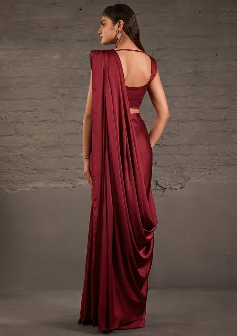 Burgundy Crepe Handwork Pre Draped Saree Set - Indya