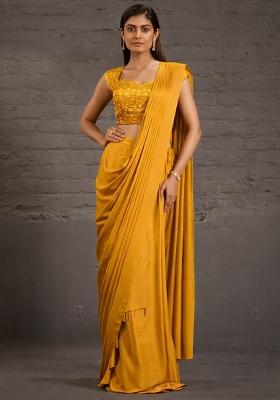 Mustard Crepe Handwork Pre Draped Saree Set