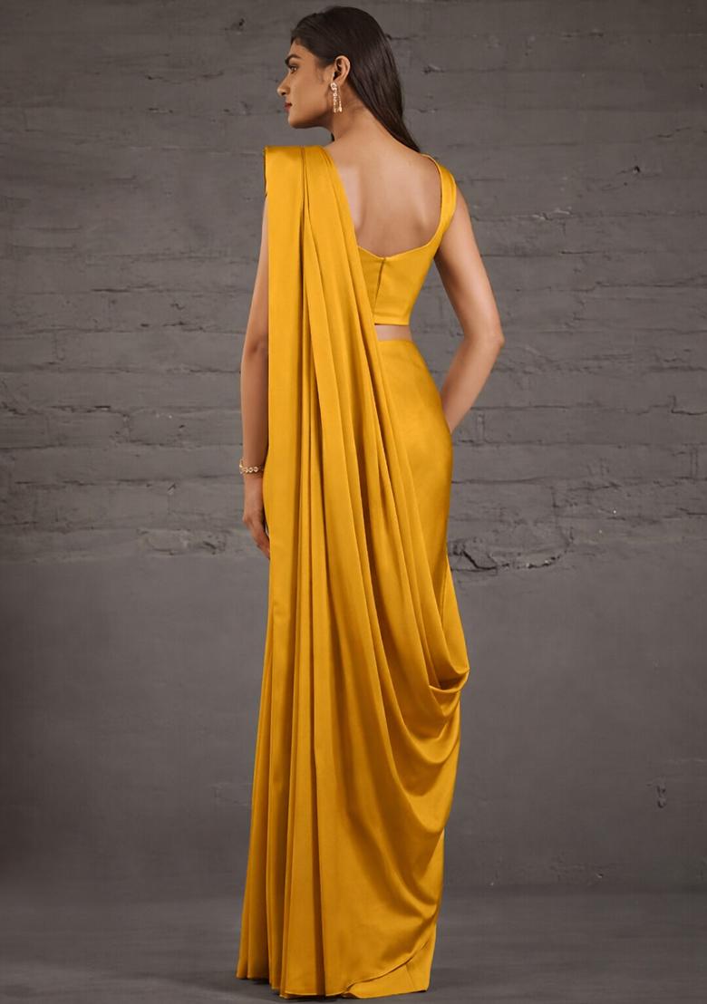Mustard Crepe Handwork Pre Draped Saree Set - Indya