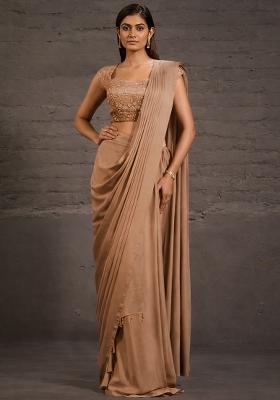 Beige Crepe Handwork Pre Draped Saree Set